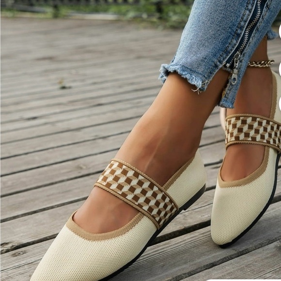 Women’s Cream Mary Jane Flats with Tan Check Strap - Picture 2 of 7